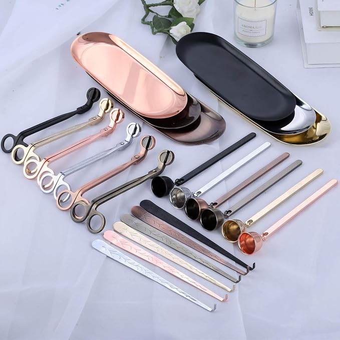 MUXSAM 4 in 1 Candle Accessory Set, Candle Wick Trimmer, Candle Snuffer, Wick Trimmer, Candle Wick Dipper, Storage Tray Plate, Candle Care Tools Gifts for Candle Lovers(Silver)