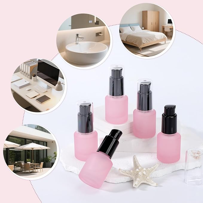 Segbeauty 0.5oz Frosted Glass Lotion Pump Bottles, 5pcs Refillable Empty Travel Size Bottles for Lotions, 15ml Pink Glass Small Travel Containers for Creams, Mini Hair Oil Bottle Pump Dispenser