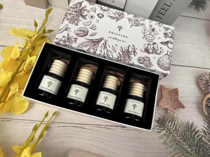 PRISTINE Car Air Freshener/Top 4 Hotel Blend Essential Oils 4 Pcs Set Mini Hanging Teakwood Cap Diffuser for Car Aroma Scenting/Cute Long-Lasting Fragrance for 30 Days of Aroma in Car