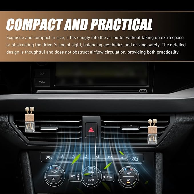 4 PCS Car Diffuser Air Freshener Bottles, Refillable Empty Glass Essential Oil Diffuser Vent Clip & Wooden Caps Sticks, Universal Aromatherapy Diffusers for Most Vehicles (Square)