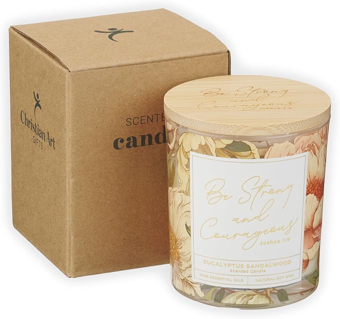 Christian Art Gifts Soy Wax Scented Candle: Joshua 1:9 Bible Verse, Eucalyptus Sandalwood Scent, Pure Essential Oils, 4.5 oz, Up to 20 Hours Burn Time, Glass Jar w/Bamboo Lid, Encouragement Gift