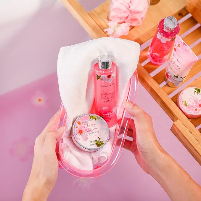 Body & Earth Gift Baskets for Women Bath and Body Set for Her, Cherry Blossom & Jasmine Spa Gifts for Women , Birthday, Mother's Day Gifts for Wife, Girlfriend, Mom