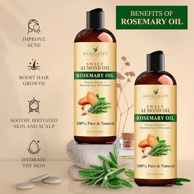 Handcraft Blends Sweet Almond Oil | 100% Pure and Natural | Bath & Body Oil | Premium Grade Carrier Oil | Skin | Hair | Body | Massage | Hexane-Free | with Rosemary Oil | 8 Fl Oz