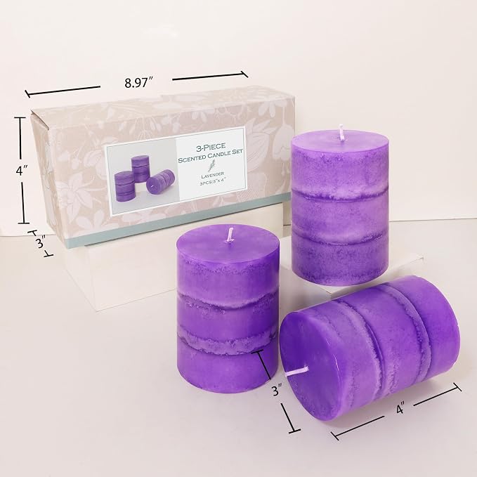 Dark Purple Pillar Candles Lavender Scented Decorative Aesthetic Long Clean Burning Fragrance Candle for Wedding Meditations Modern Home Decor Set of 3