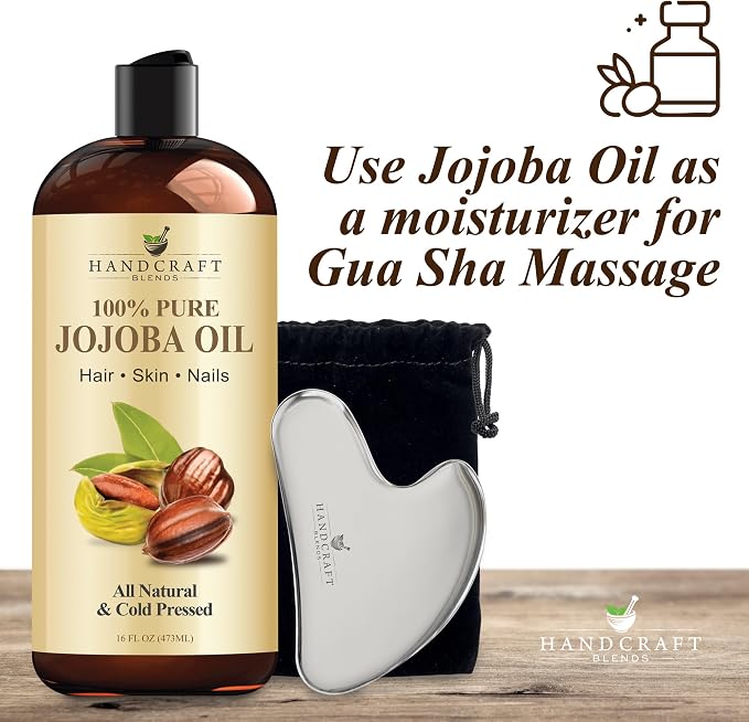 Handcraft Blends Jojoba Oil | with Stainless Steel Gua Sha | Ayurvedic Skin Care | Premium Grade Carrier Oil | Face | Skin | Hair | Massage | Cold-Pressed | Hexane-Free | 16 Fl Oz
