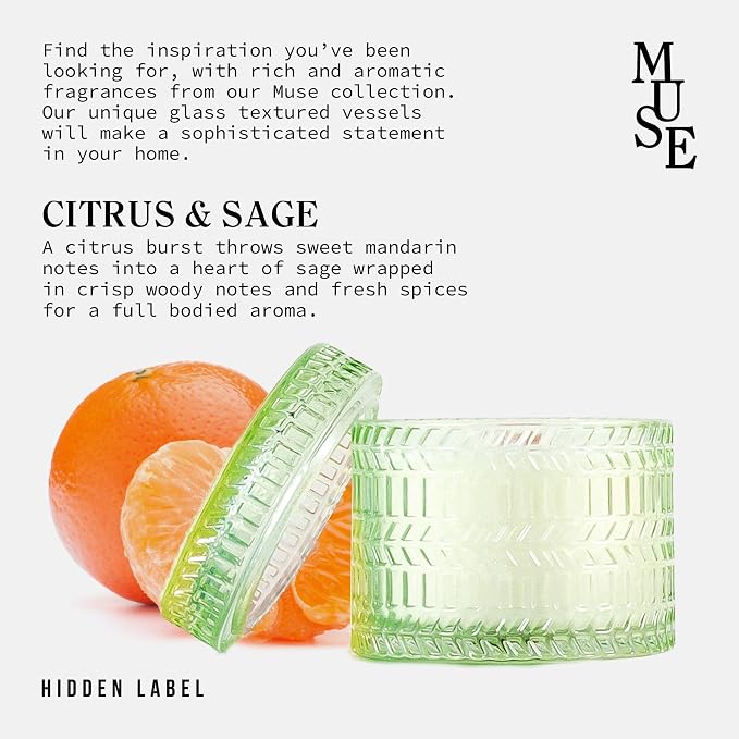 Hidden Label Sage & Citrus Wood Wick Candle, 7.4oz, 55 Hous Burn | Crackling Cherry Wood Wick | 55H Clean Burn | Kitchen & Hostess Gift | Non-Toxic Soy Wax | Green Frosted Decor Jar