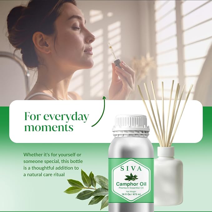 Siva Camphor Essential Oil - 16 Fl Oz – 100% Natural Camphor Oil - for Diffuser, Face, Skin Care, Aromatherapy, Hair Care, Scalp and Body Massage