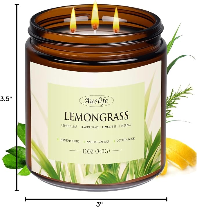 Lemongrass Scented Candle | 3-Wick Jar Candle - 12oz Natural Soy Wax - Citronella Scent for Indoor Outdoor Use, Long Lasting Aromatherapy Gifts for Fathers Day, Summer, 50+ Hour Burn