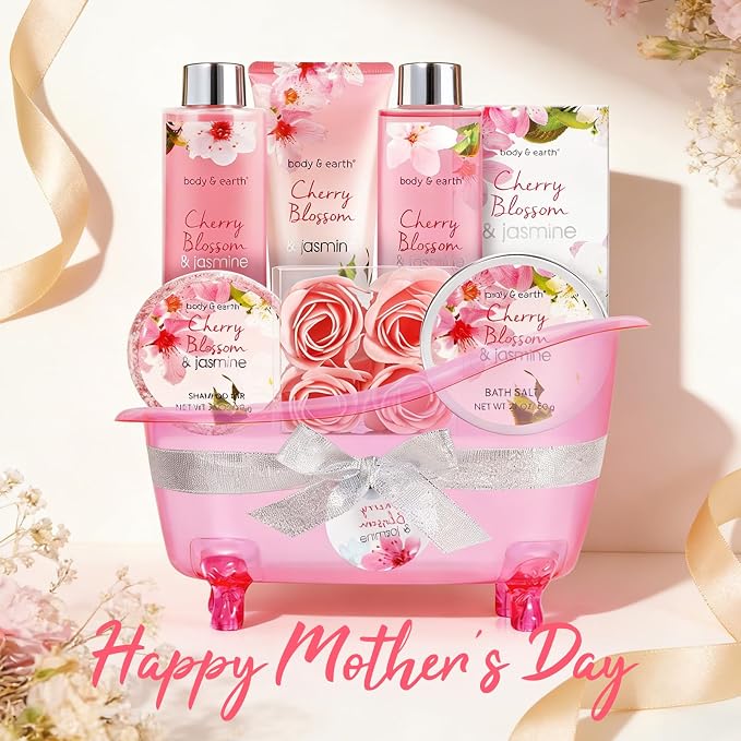 Body & Earth Spa Gifts for Women Self Care Kit - 8pcs Cherry Blossom & Jasmine Bath Sets for Women, Birthday, Mother's Day Gift Baskets for Mother, Wife, Girlfriends