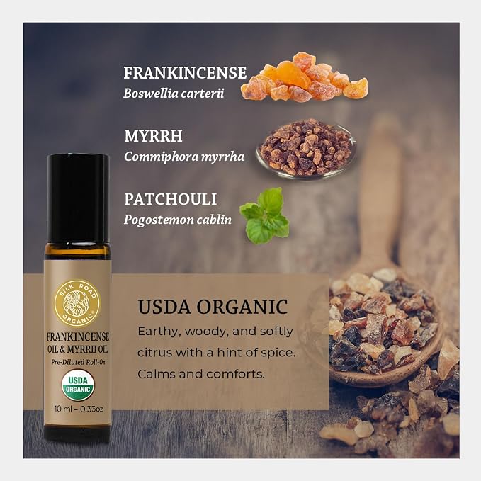 Silk Road Organic Frankincense Oil & Myrrh Essential Oil Roll On for Body Aches, Stiffness & Tingling - USDA Certified Aromatherapy Roller, 10ml