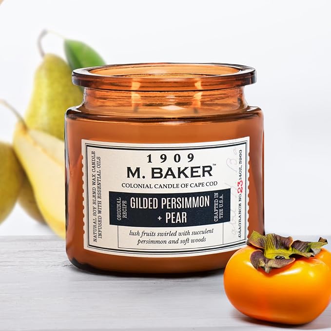 Colonial Candle Gilded Persimmons & Pear Scented Candle, 2-Wick Natural Soy Blend Wax Candle Infused with Essential Oils, 14 oz Apothecary Glass Jar Candle - Made in The USA