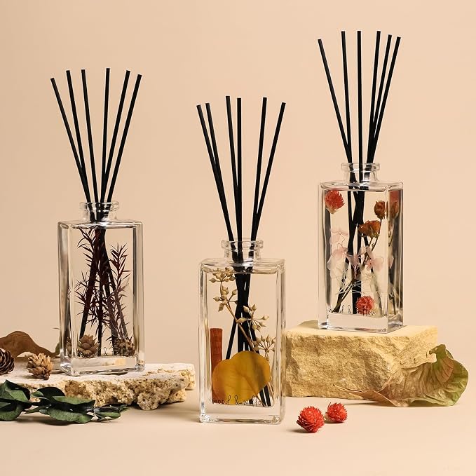 Wood & Willow Reed Diffuser Set with Dried Flowers, 5 fl. oz., Long-Lasting Home Fragrance - Wild Rose & Oud, Red Berry & Oak, Bergamot & Amber, Decorative Floral Design (Wild Rose & Oud)