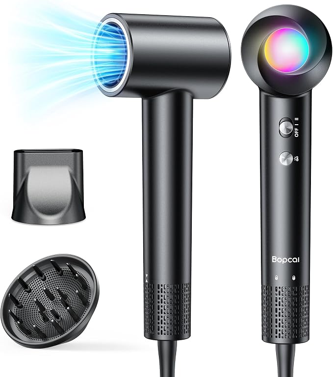 Bopcal Ionic Hair Dryer, 160000 RPM Brushless Motor, Smart Thermo-Control, Negative Ion Fast Drying, Quiet Lightweight Blow Dryer, Cold Air & 2 Heat Settings, for Home Travel Salon, Black