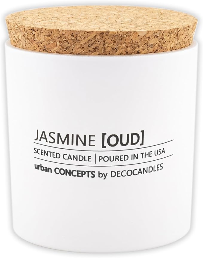 Urban Concepts by DECOCANDLES - Jasmine, Oud & Sandalwood Aroma - Highly Scented Soy Candle - Long Lasting - Hand Poured in USA (9 Oz. Cork)