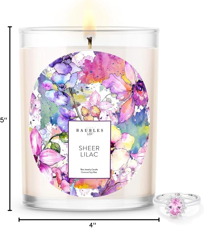 Kate Bissett Baubles Sheer Lilac Scented Premium Candle and Jewelry with Surprise Ring Inside | 18 oz Large Candle | Made in USA | Parrafin Free | Size 10