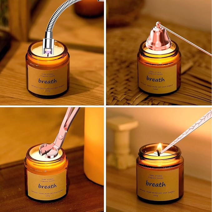 5 in 1 Candle Accessory Set,Candle Wick Trimmer Cutter Set,Candle Wick Dipper,Candle Wick Snuffer,Rechargeable Candle Lighter,Tweezers,Stainless Steel Candle Care Kit Gift for Aromatherapy