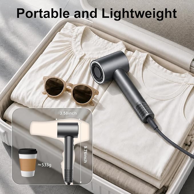 FAMOO Hair Dryer, 160,000 RPM High-Speed Ionic Blow Dryer with Diffuser and Concentrator Nozzle, 500 Million Negative Ions,Fast Drying, LED Display,Light and Quiet,For All Hair Types,For Home & Travel