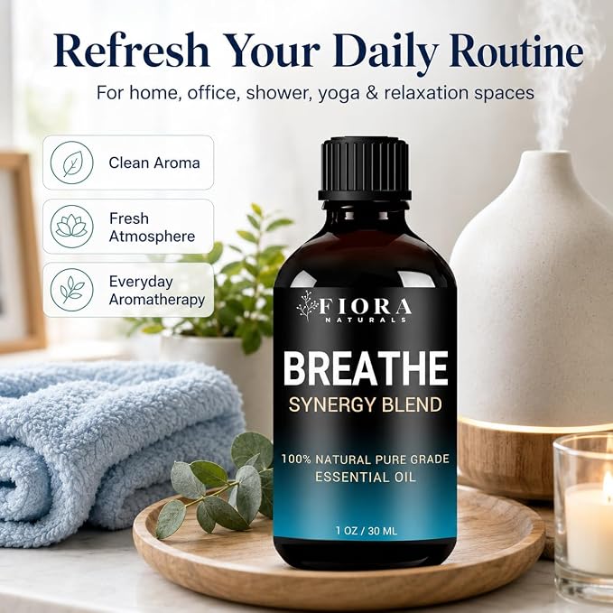Breathe Essential Oil for Diffuser, 100% Natural Pure Grade Synergy Blend with Eucalyptus, Peppermint, Tea Tree, Lemon, Pine Needle, Cardamom & Laurel Leaf, Refreshing Blend for Aromatherapy