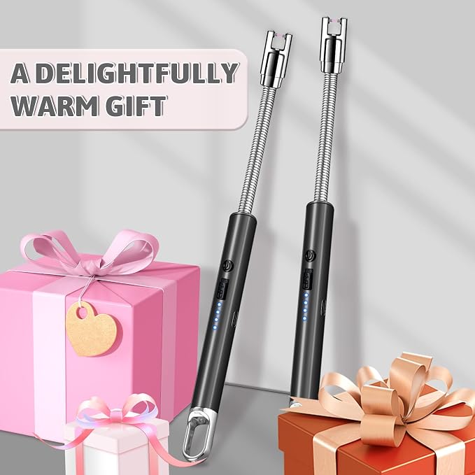 2 Pack Electric Candle Lighters, USB Rechargeable Lighter with Windproof Flameless & Extended Handle, Suitable for Candles, BBQ, Camping, Gas Stove, Festivals Gift (Black, 2 Packs-A)