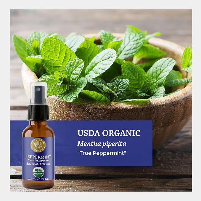Silk Road Organic Peppermint Essential Oil Spray for Head Tension, Nausea, Morning Sickness, Energy & Focus - 1 oz. USDA Certified Body Spray - Always Pure, Always Organic