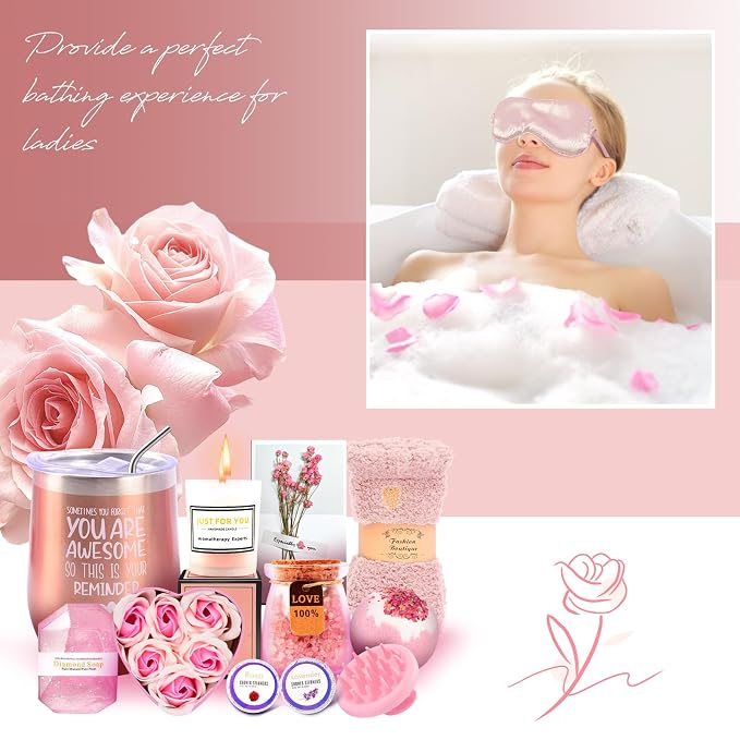 12 Piece Spa Gifts Set for Women, Self Care Gift Basket for Mom Wife Her, Relaxing Gifts with Eye Mask, Water Bottle, Bath Bombs, Aromatherapy for Valentines Day, Birthday, Christmas (Rose)