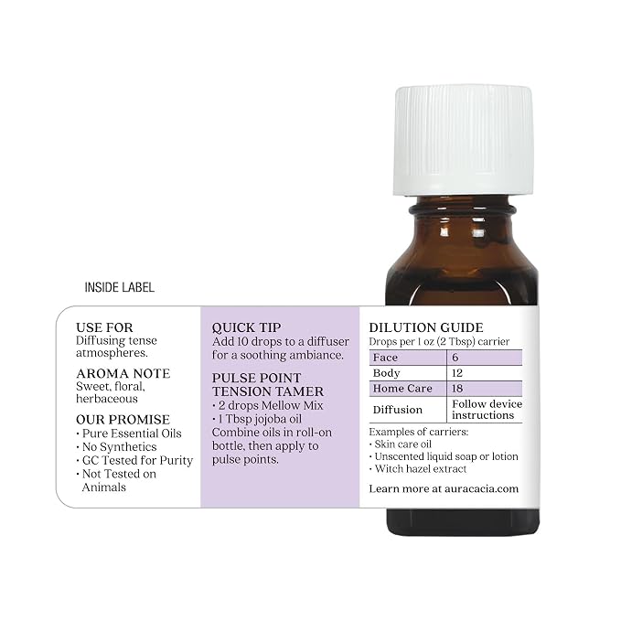 Aura Cacia Mellow Mix Essential Oil Blend | Lavender, Sandalwood, Lemon, Petitgrain, Roman Chamomile, Neroli - Calming Aromatherapy for Diffusion, Topical Use | 0.5 Fl Oz (Pack of 1)