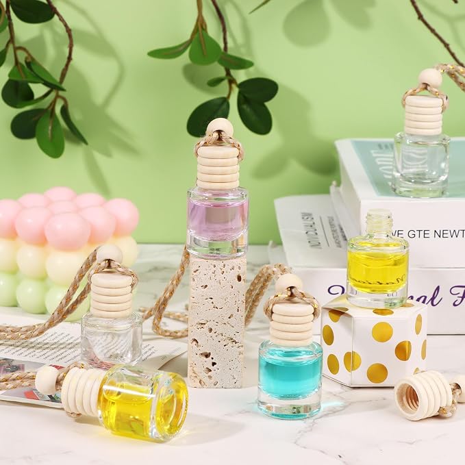 208Pcs 8ml Hanging Car Air Freshener Diffuser Cylindrical Empty Clear Glass Essential Diffuser Oil Aromatherapy Fragrance Perfume Pendant Glass Vial with Wooden Caps Hanging String Car Diffuser Bottle