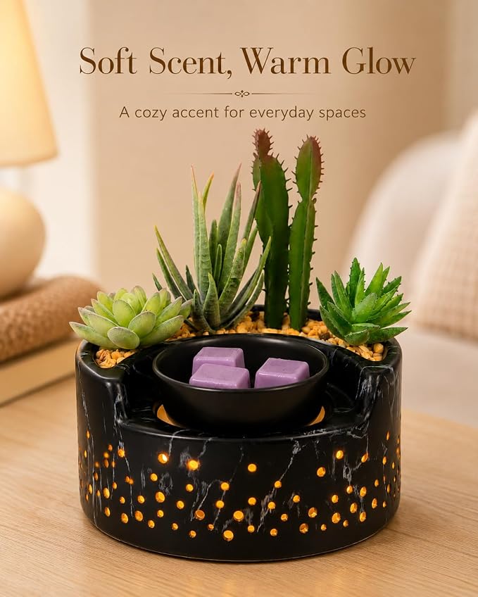 4-in-1 Ceramic Wax Warmer, Electric Scented Wax Melter with Hot Plate, 7-Color LED Candle Warmer Lamp, Aromatherapy Oil Diffuser & Succulent Marble Decor, for Yoga Room Home Office, Gift for Women