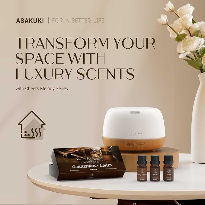 ASAKUKI Diffuser Oil Set – 500ml Oil Diffuser with 6 Masculine Essential Oils – Dark Cologne, Tobacco Vanilla, Vetiver, More – for Home, Office, Gift