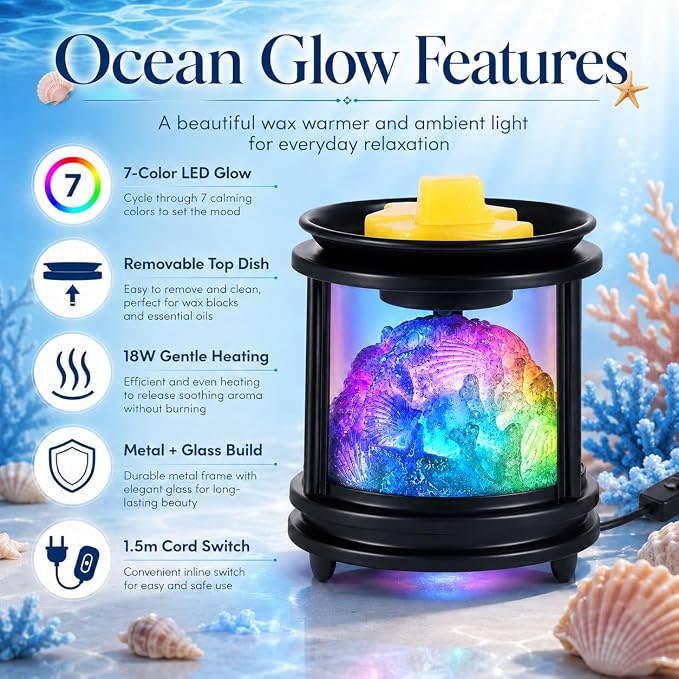 Wax Melt Warmer Electric, Scentsy Wax Warmer with 7 Color Fading Glow Wax Melter for Scented Wax, Colorful Coral Candle Burners for Wax Melts, 4-in-1 Oil Burner for Home Bedroom Decor