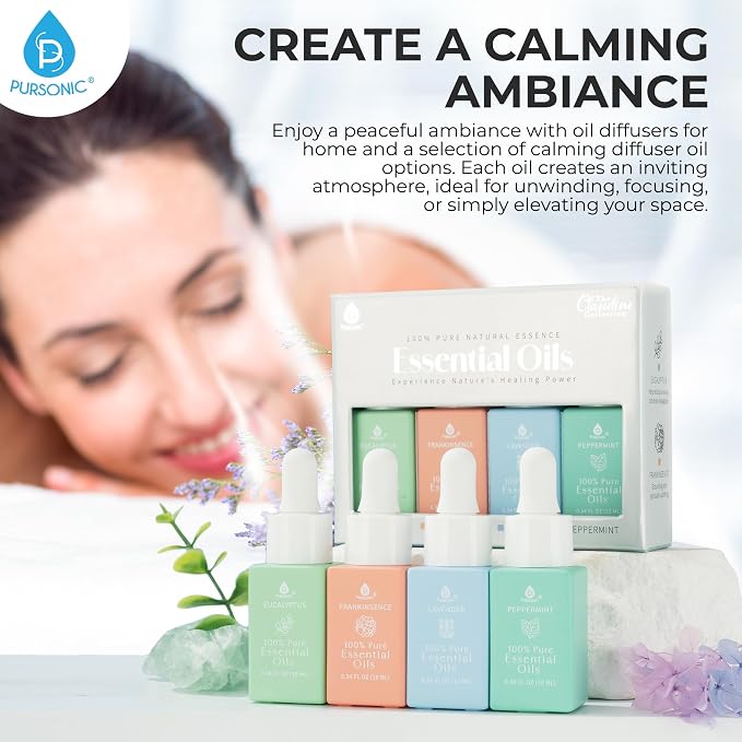 Natural Healing Power Essential Oils 100% Pure with Eucalyptus, Frankincense, Lavender, and Peppermint by Pursonic