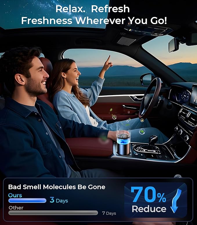 Hitolza Smart Car Air Fresheners, Ambient Light & Mist Fragrance, Auto On/Off Car Air Freshener Diffuser, Adjustable Intensity, Lasts 6 Months, Built-in Battery, Premium Scents Refill X2 - Mystic Ice