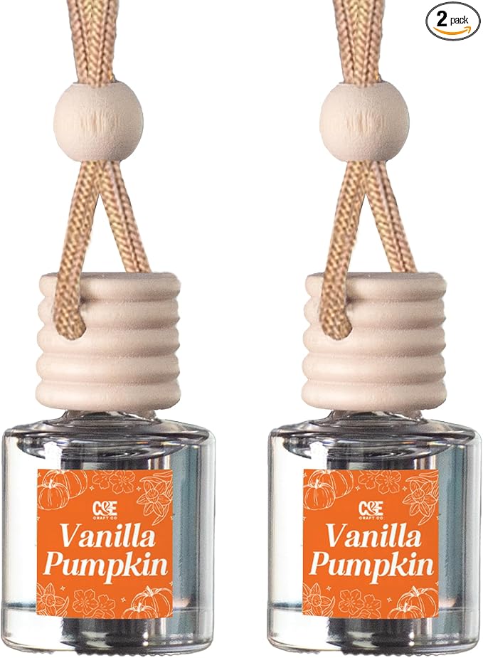 C&E Craft Co Hanging Car Air Freshener Diffuser 2 Pack, Long Lasting Fragrance Oil Car Freshener, Glass Bottle Auto Air Freshener, Made in USA (Vanilla Pumpkin)