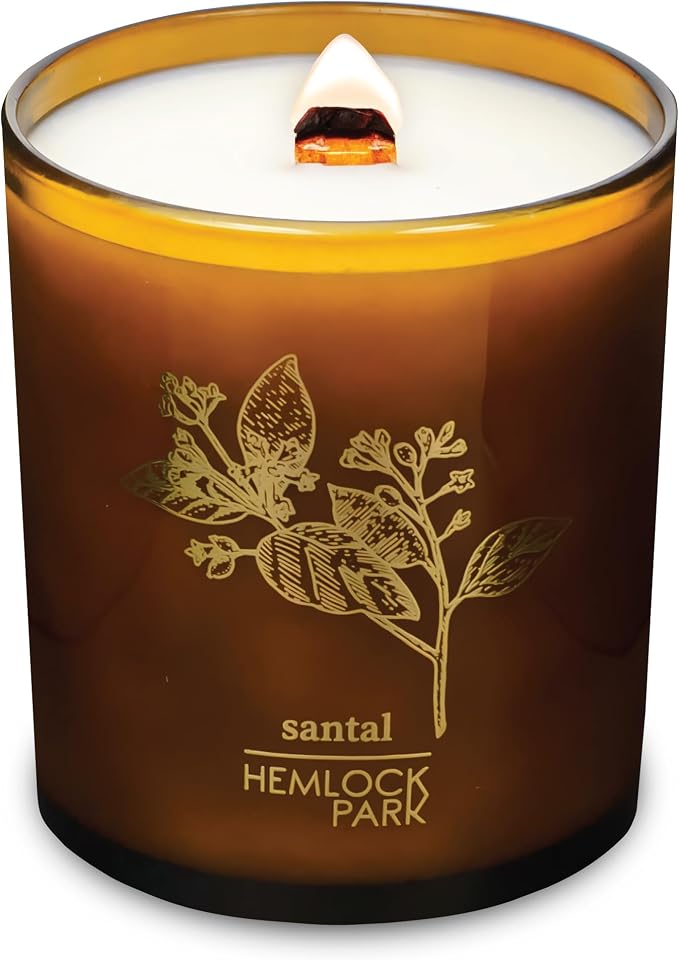 Hemlock Park Santal Amber & Gold Scented Candle | Crackling Wood Wick, Botanical Fragrance & Coconut Apricot Wax | Up to 70 Hour Burn Time | 14 oz | Made in USA