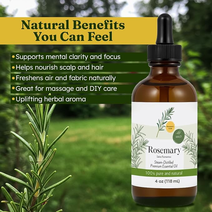 Steam Distilled Rosemary Essential Oil - Premium Hair Growth Oil for Scalp Stimulation & Refreshing Aroma - Essential Oil Supports Healthy Hair, Skin & Mental Clarity - 4oz