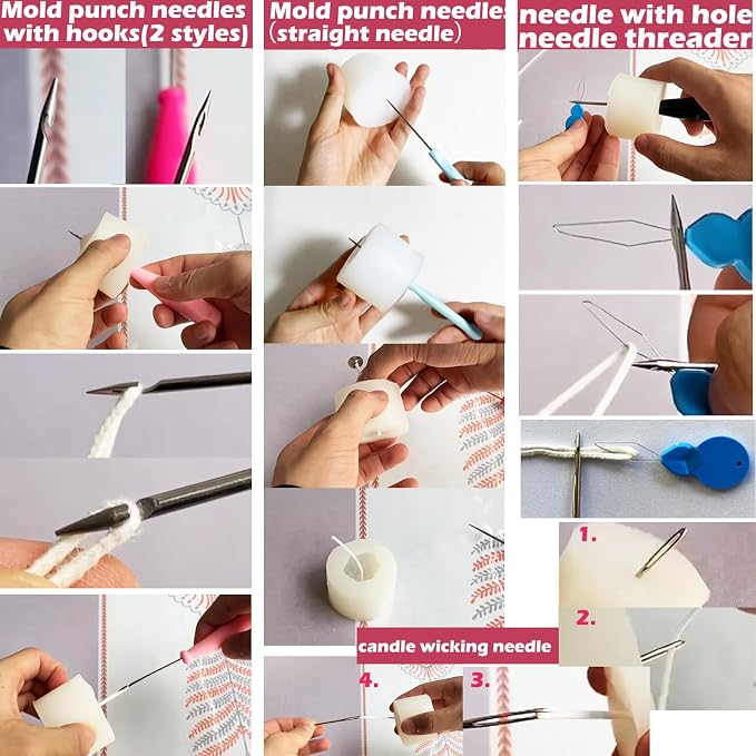 155PCS Adjustable Candle Hole Drill Needle with Candle Wick Roll 200 Ft,Candle Making Kits to Insert Wick in Silicone Molds,Mold Hook & Eye Punch Needle,Big Hole Long Needle,Stickers,Center Holder