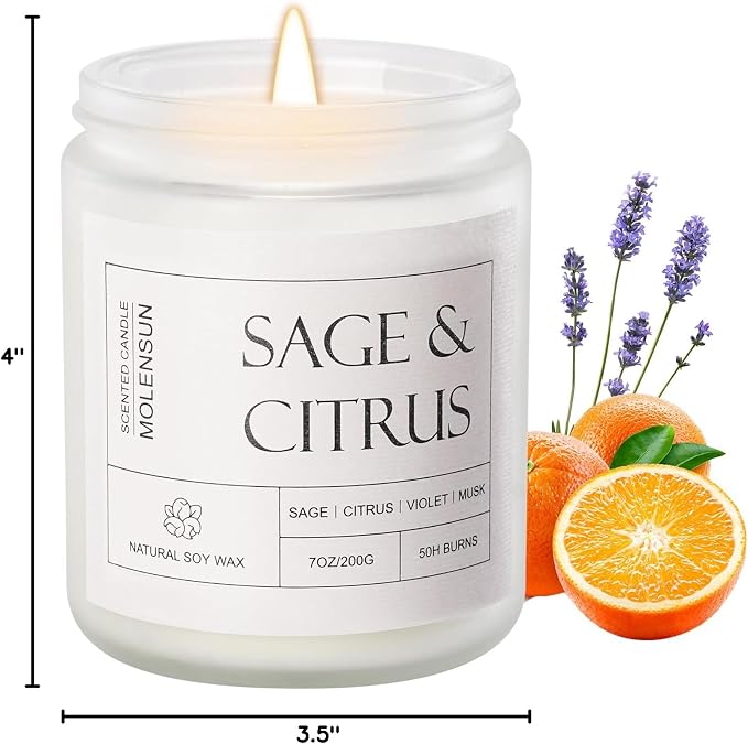 Molensun Sage & Citrus Scented Candles, Aromatherapy Jar Candle, 7 oz Long Lasting Candles, Soy Wax Candle Gift for Women