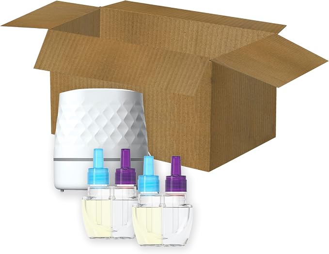 Febreze Plug Scent Booster Starter Kit, Oil Diffuser, Air Freshener Plug in, Continuous Scent Device + 2 Downy Calm Refills