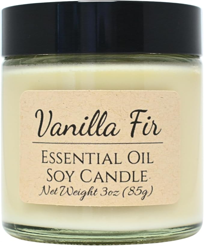 Vanilla Fir Scented Essential Oil Candle 3 oz, Hand Crafted Pure Soy Wax Candle with Wooden Wick, Dried Flowers, 23 Hour Burn Time, Natural Aromatherapy Glass Jar Candle with Lid by Lathered Artisan