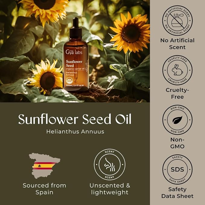Gya Labs USDA Organic Sunflower Oil - 3.4 Fl Oz - Carrier Oil for Hair, Skin, Face, Scalp & Body Massage