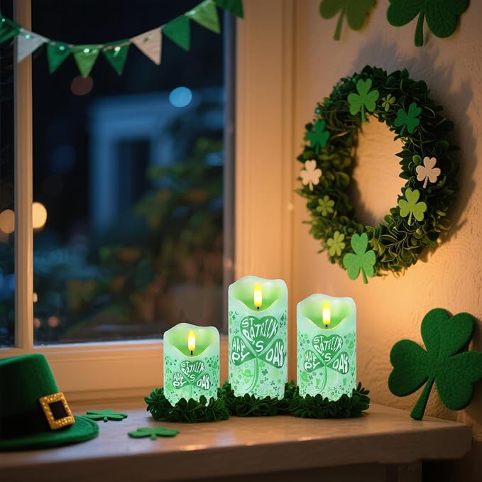 Flameless Candles Lights, Set of 3 Flickering St. Patrick's Day Pillar Candles with Remote & Timer, Dimmable Real Wax Shamrock LED Candles Battery Operated for Home St. Patrick's Day Decor (Clover)