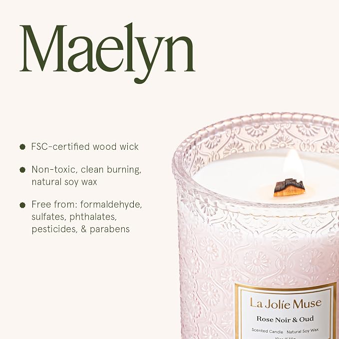 LA JOLIE MUSE Rose Noir & Oud Scented Candles for Home, 19 oz Natural Soy | Large Jar Luxury Candle, Floral Pink Candles, Clean Non Toxic, Decorative Candle Gifts for Women, Wood Wick, Sandalwood Rose