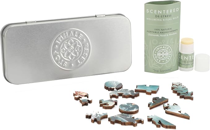 Scentered Wooden Jigsaw Puzzle & Aromatherapy Gift Set - Mindfulness Activity Puzzle for Stress Relief - Calm Jigsaw Puzzles - De-Stress: Calming Essential Oils Blend - Travel Size