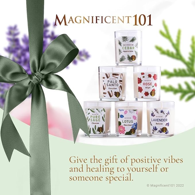 Magnificent 101 Long-Lasting Manifestation & Intention Aromatherapy Candles - Set of 6 | 21 Oz - 84-Hour Burn | 100% Soy Wax - Cedar, Palo Santo, Pure Sage, Lotus, Rose & Lavender