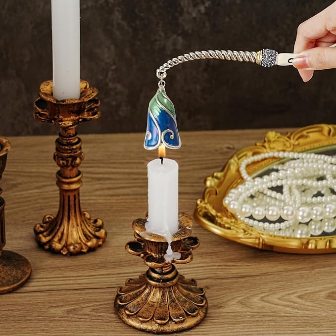 Candle Snuffer Extinguisher with Diamond Decoration Long Handle, Alloy Wick Flame Candle Put Out Tool Safely, Gift for Candle Lovers (Blue White)