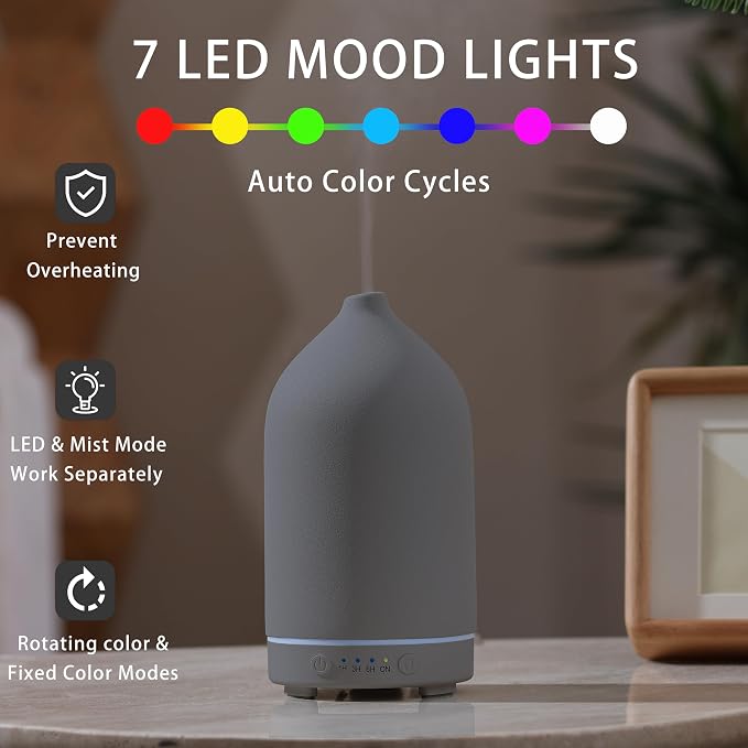 Gooamp 200ML Ceramic Essential Oil Diffuser - Ultrasonic Aromatherapy & Humidifier with 7-Color LED Lights, Auto Shut-Off, Grey, 1H/3H/6H Timer | Scent for Home,Office,Yoga