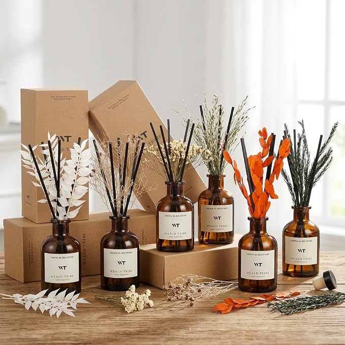 WEALD TRIBE Flower Reed Diffuser Set Clean White Linen Scent for Bathroom Air Fresheners | 4.0 fl oz Essential Oils with Sticks Home Fragrance Defusers | House Bedroom Office Shelf Decor & Gift