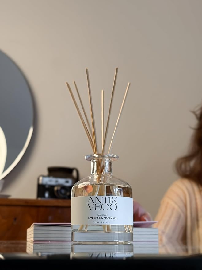 Lime Basil & Mandarin Reed Diffuser – Citrus & Herbal Diffuser for Home 6.7 fl oz – 8 Rattan Sticks – Premium Aromatherapy Oil – Elegant Glass Bottle – 90 Days Long Lasting Diffuser Set