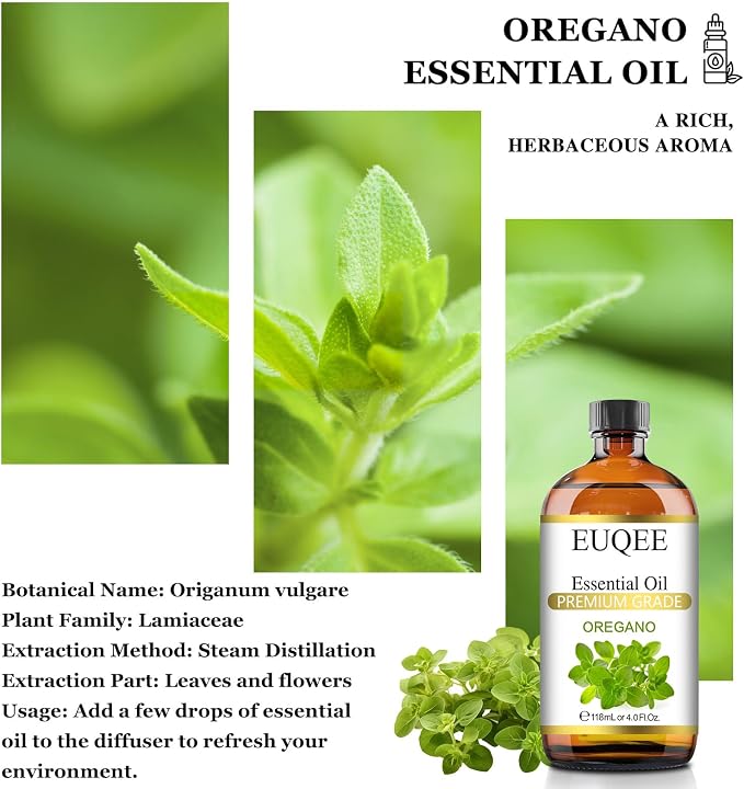 EUQEE Oregano Essential Oil 4oz / 118ML Large Capacity Oregano Oil Pure Aromatherapy Essential Oils with Glass Dropper for Candle Soap Making, Diffusers