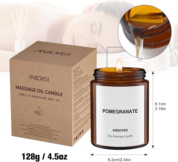 Massage Oil Candle, Pomegranate Scent, Gift SPA Use Home Scented Candle Body Oil, Ultra Hydrating Body Care with Soybean Oil, 4.5oz